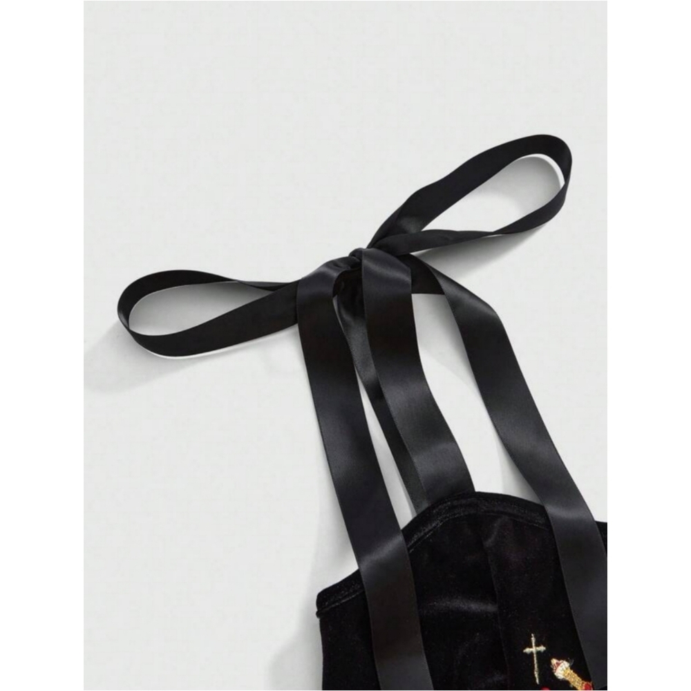 ROMWE | Gothic Lolita Black Embroidered Heart Corset Camisole Crop Top - Picture 3 of 10